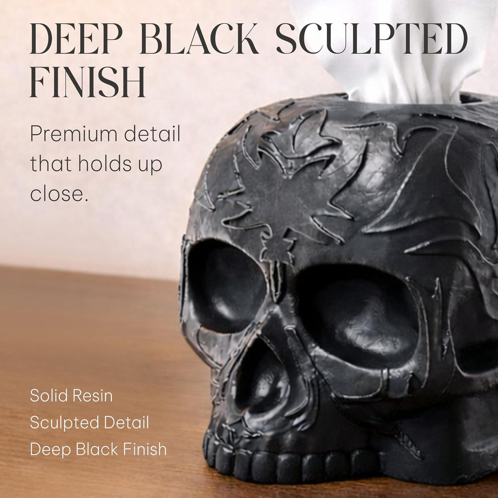 Gothic Skull Tissue Box Cover, Black, Square by Death Decor