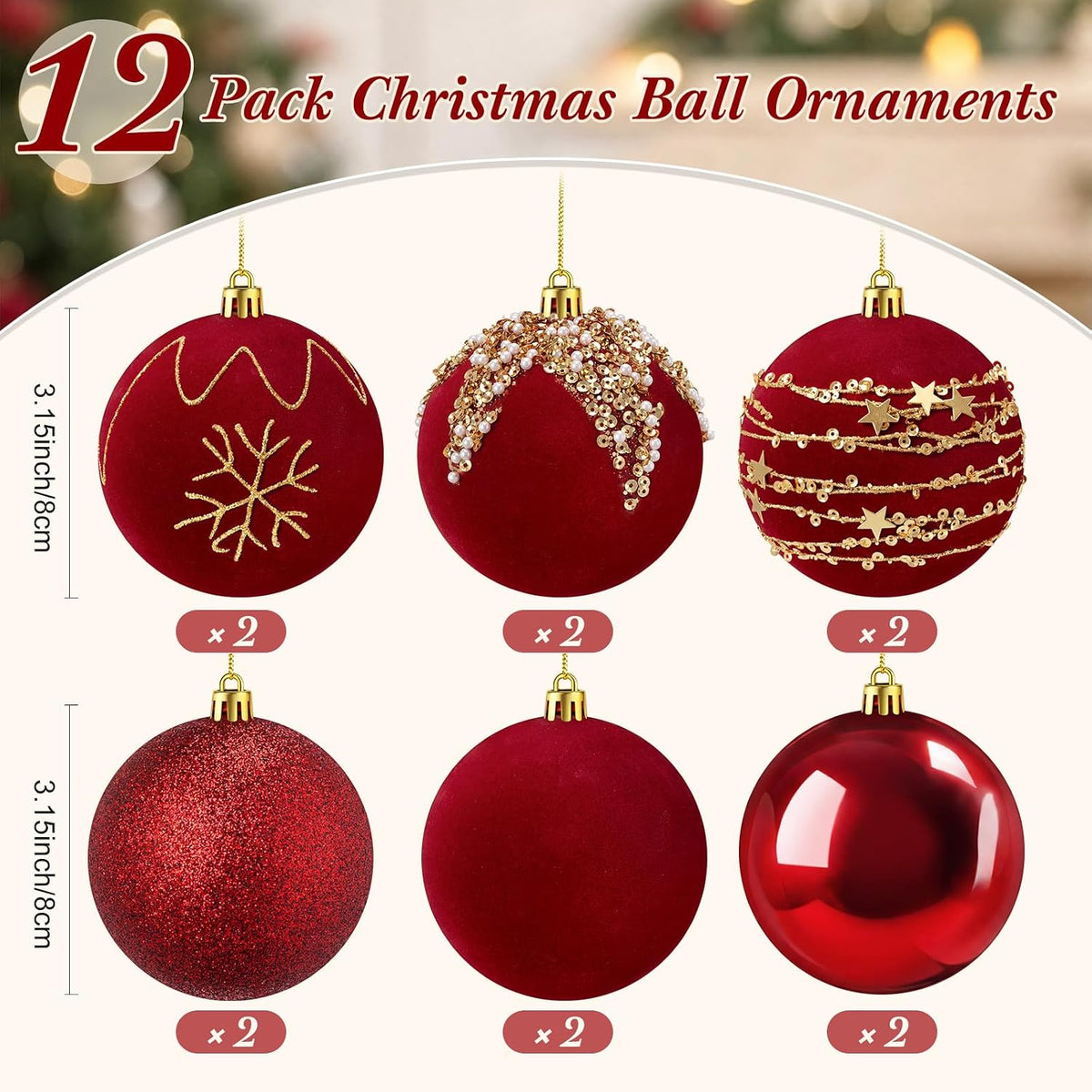 Syhood 12 Pcs Burgundy Velvet Christmas Ball 3.15 Inch Flocked Ornament