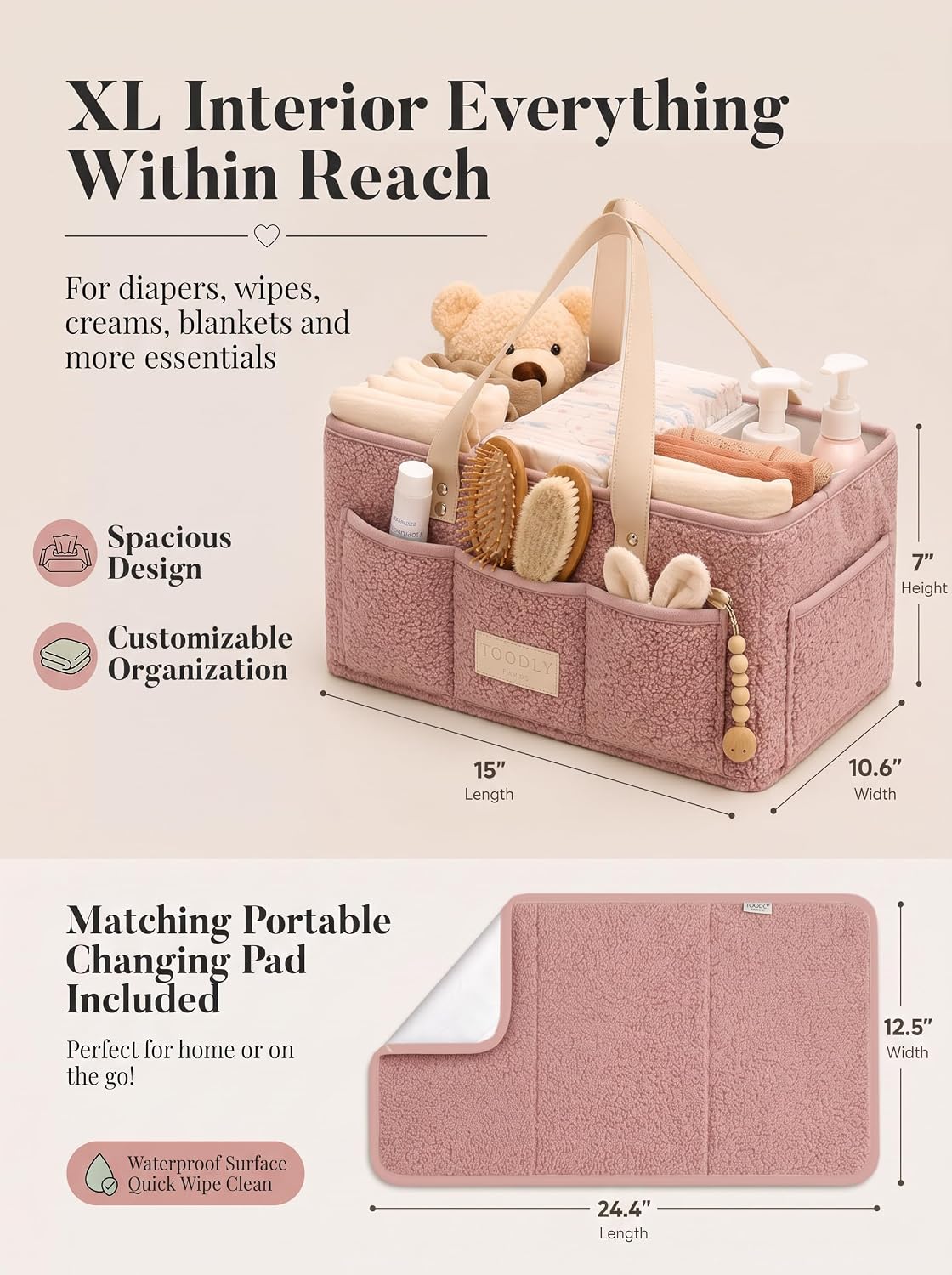 Baby Diaper Caddy Organizer with Waterproof Changing Pad, Pink