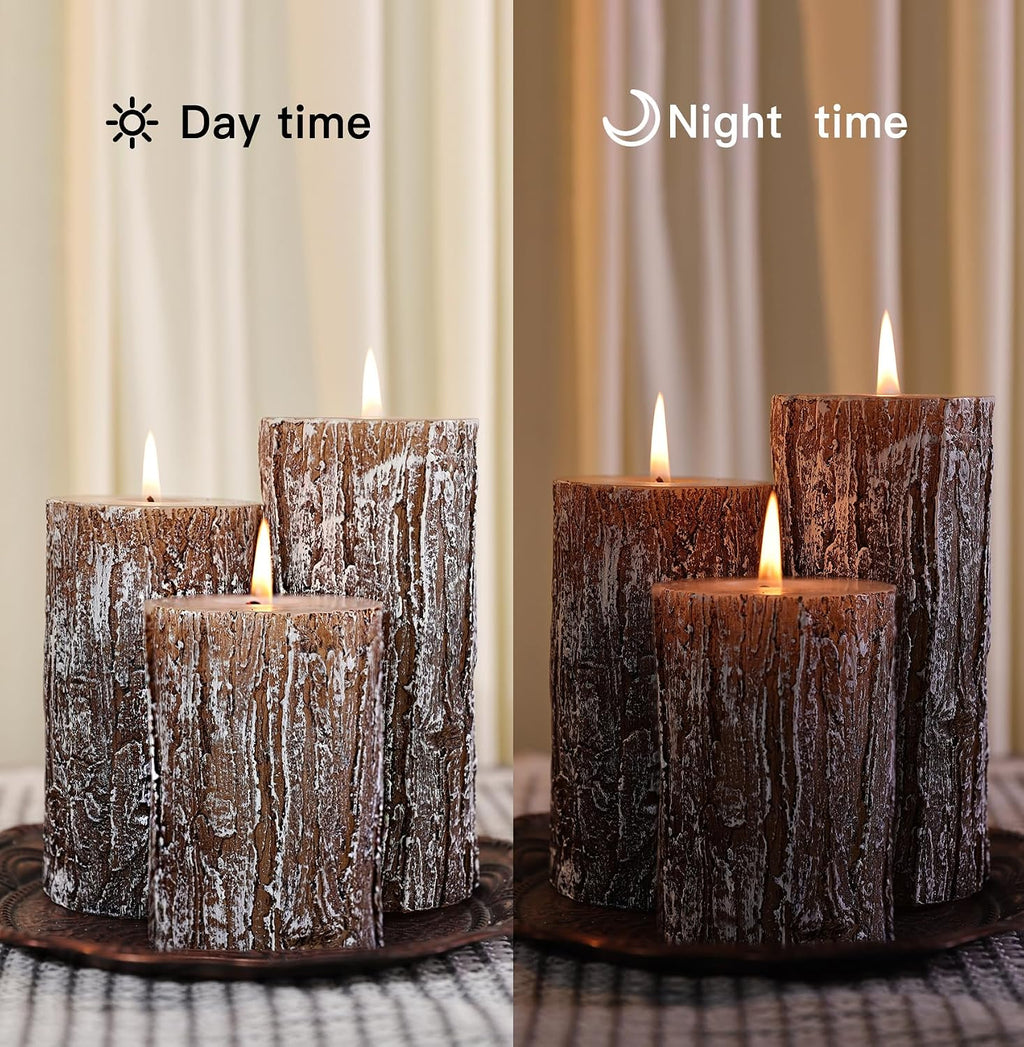 Rustic Pine Tree Pillar Candle Set of 3, Unscented Home Decor