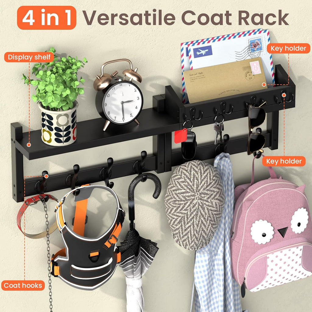 29'' Black Coat Rack Wall Mount with Shelf, Solid Wood Coat and Key Hanger with 11 Metal Hooks, Farmhouse Wall Organizer for Mail, Entryway Wall Hangers for Hats, Clothes, Backpacks, Mudroom