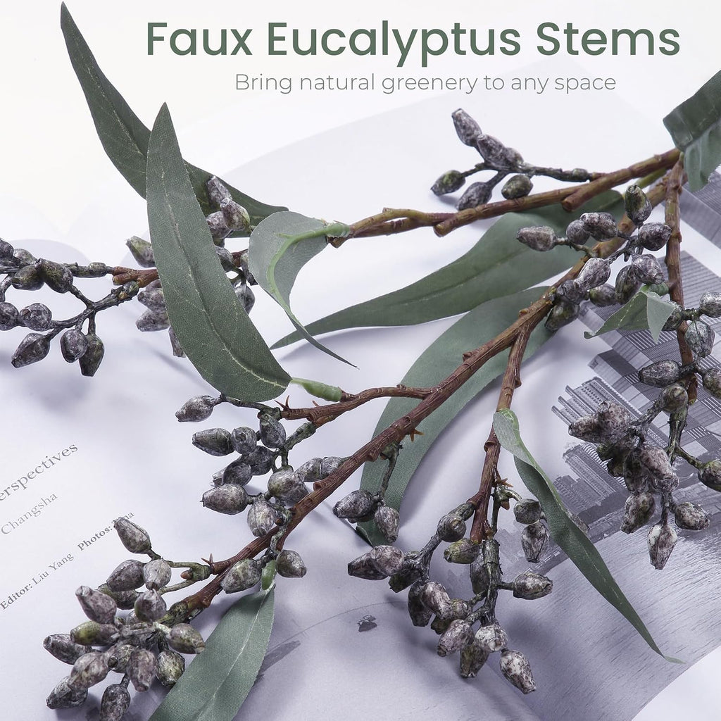Faux Seeded Willow Eucalyptus Stems, 4Pcs Gray Artificial Greenery