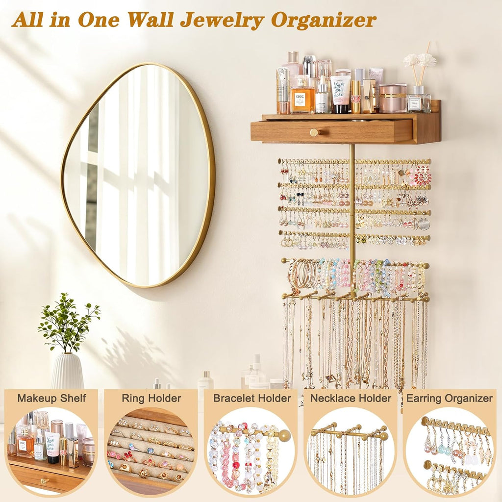 VINAEMO Hanging Wall Mounted Jewelry Organizer with Drawer, Honey Brown
