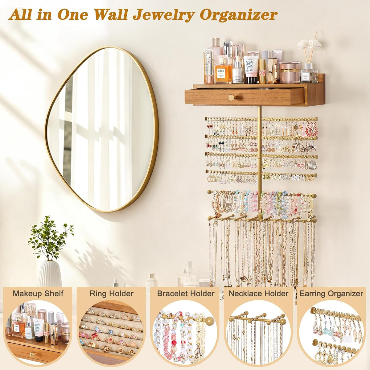 VINAEMO Hanging Wall Mounted Jewelry Organizer with Drawer, Honey Brown