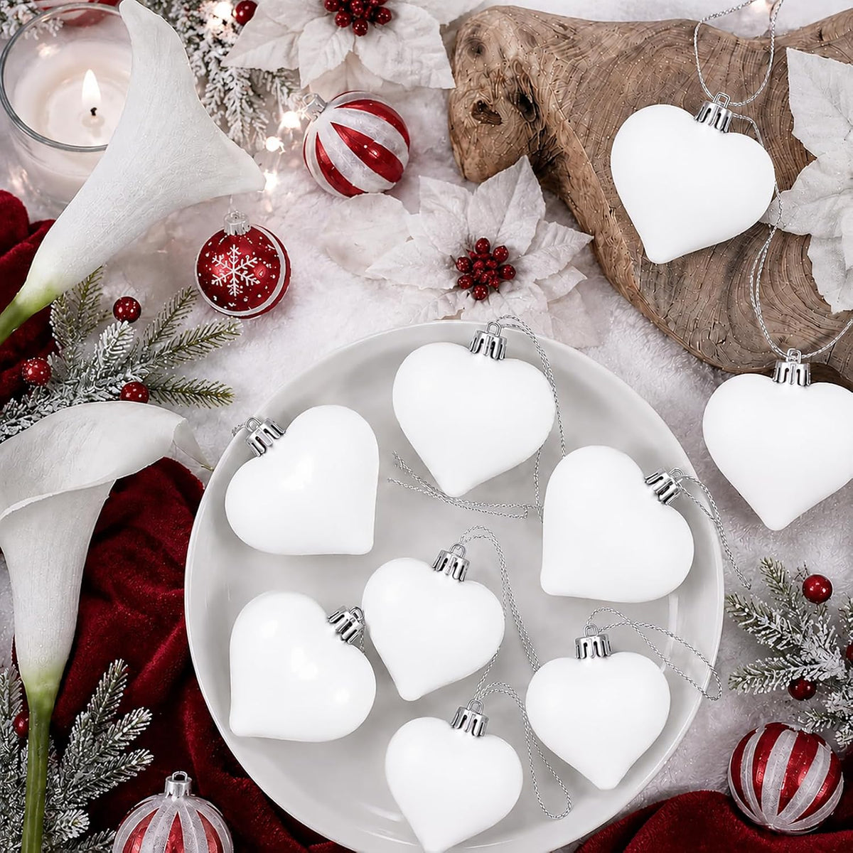 Set of 12 White Heart Ornaments for Christmas Valentine Tree Decorations, 1.8 inch Mini Valentines Ornaments for Small Tree, Heart Shaped Plastic Shatterproof Hanging Balls Holiday Party Decor
