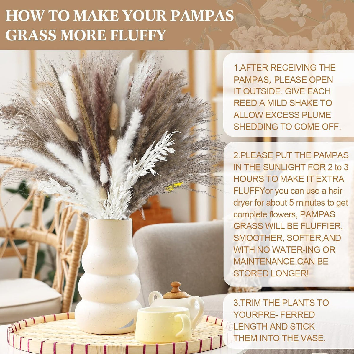 Nuanchu 703 Pcs Dried Pampas Grass Flowers, Bunny Tails, Retro Style