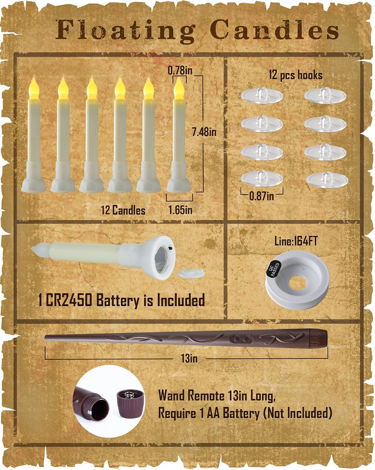 Amagic Batteries Included Floating Candles with Wand Remote, 12pcs Flickering Warm Light Flameless Taper Candles, Magic Hanging Candles with Base for Birthday Party, Halloween Decorations