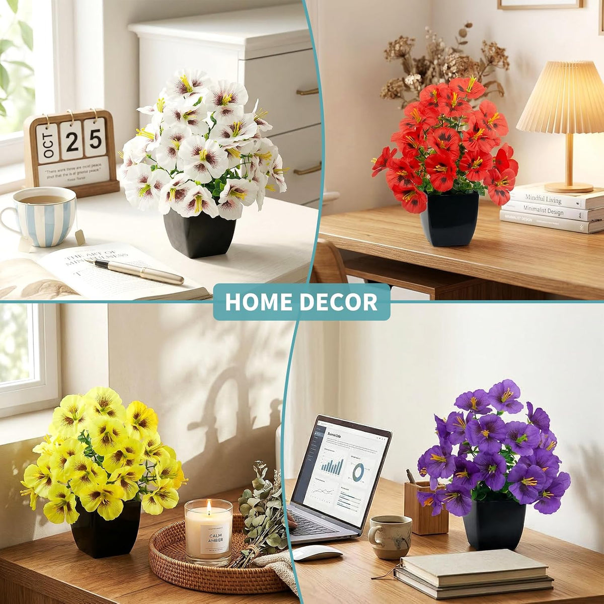 LOYWREE 4 Pack Small Faux Plants Spring Artificial Pansy Flowers Fake Plants Indoor Bathroom Accessories for Home Room Office Desk Decor(Black Square Pot)