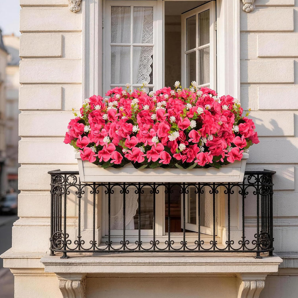 Olatay 12 Bundles Mixed Color Artificial Flowers for Outdoor, Artificial Geraniums Flowers for Outdoor, UV-Resistant Fake Geraniums for Porch, Balcony, Garden, Indoor Decoration (Rose Red)