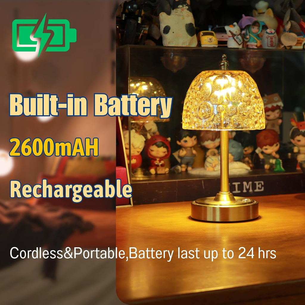 Cordless Rechargeable Table Lamp, Vintage Art Glass Shade, Dimmable, Brown