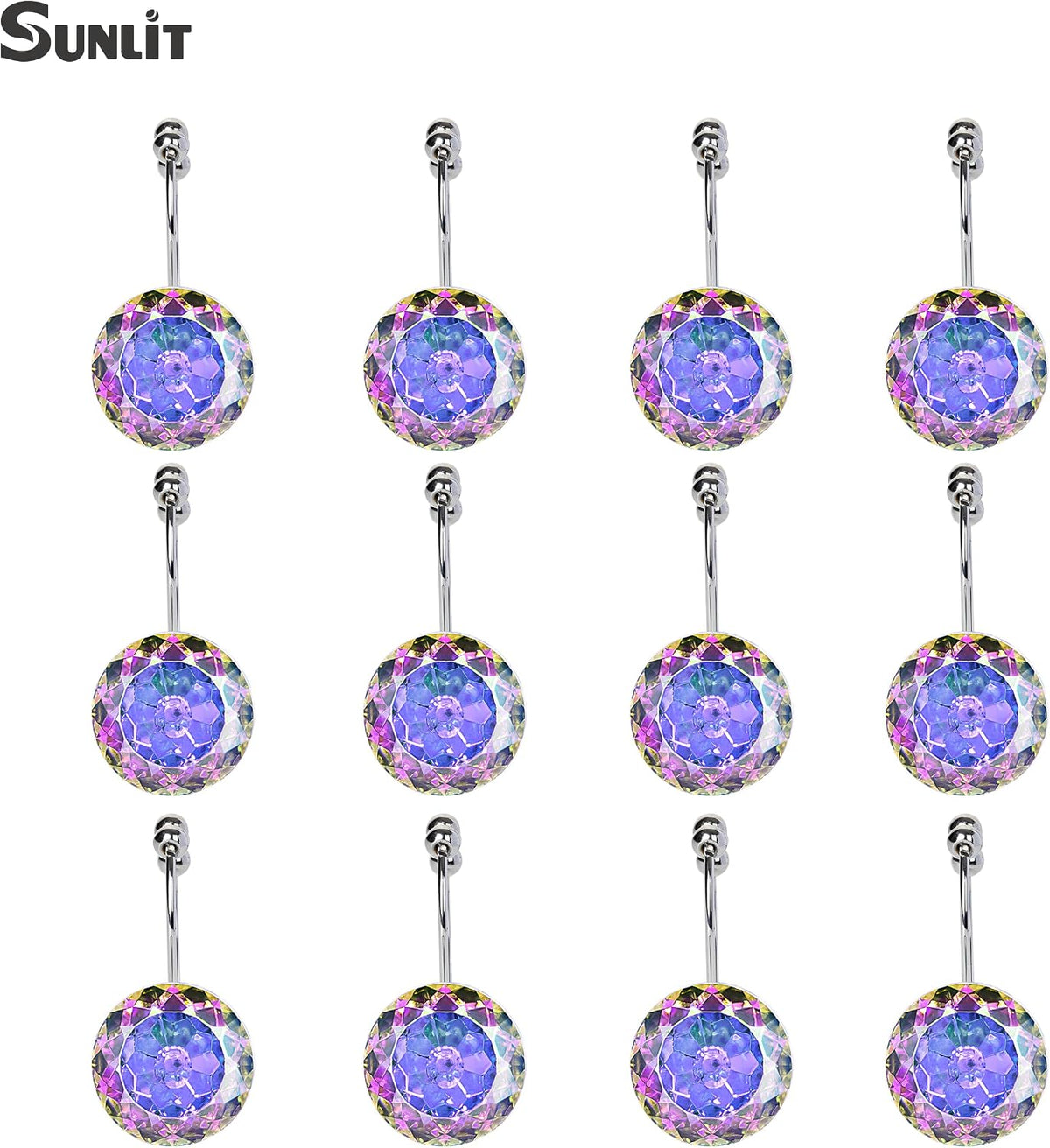 Sunlit Round Rhinestone Shower Curtain Hooks with Glide Balls, 12 Pack