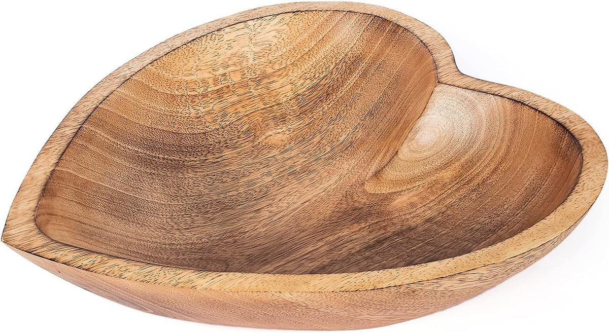 WitnyStore Heart Shaped Wood Bowl 10" Brown Handcrafted Wooden Bowls Collectible Functional Serving Tray Dish Plate Hand Made Decorative Tableware for Candy Nuts Dessert Fruit Home Décor Accents Gifts