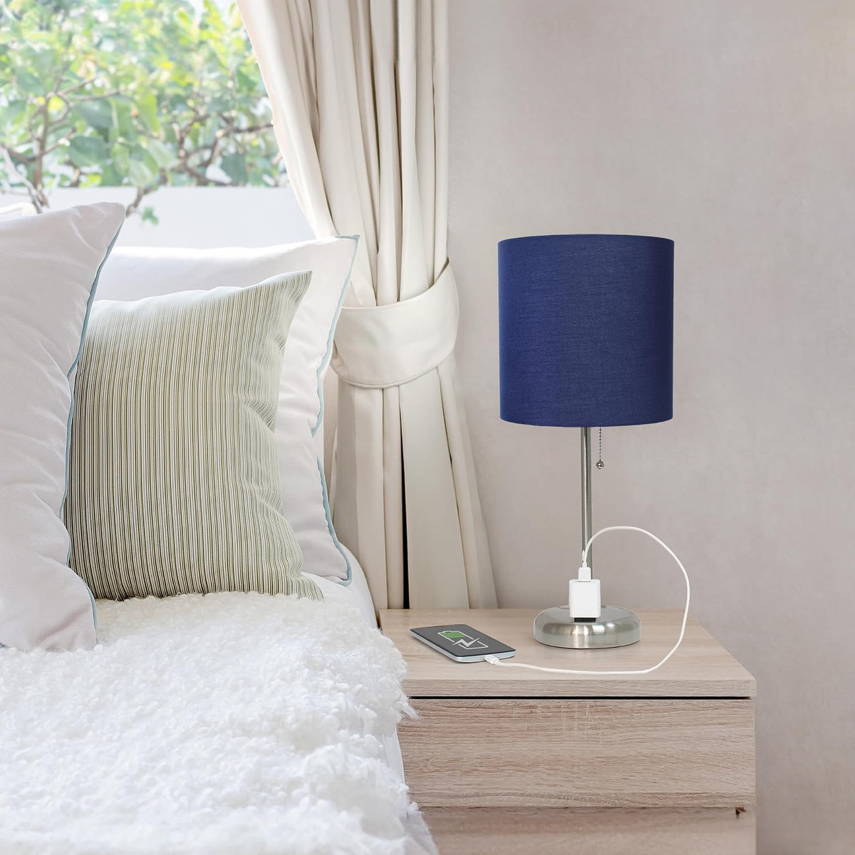 Simple Designs LT1144-NAV Sleek and Slender Brushed Steel Table Lamp with Charging Outlet, for Bedroom, Living Room, Entryway, Office, Dining Room, Study, Navy Blue Shade