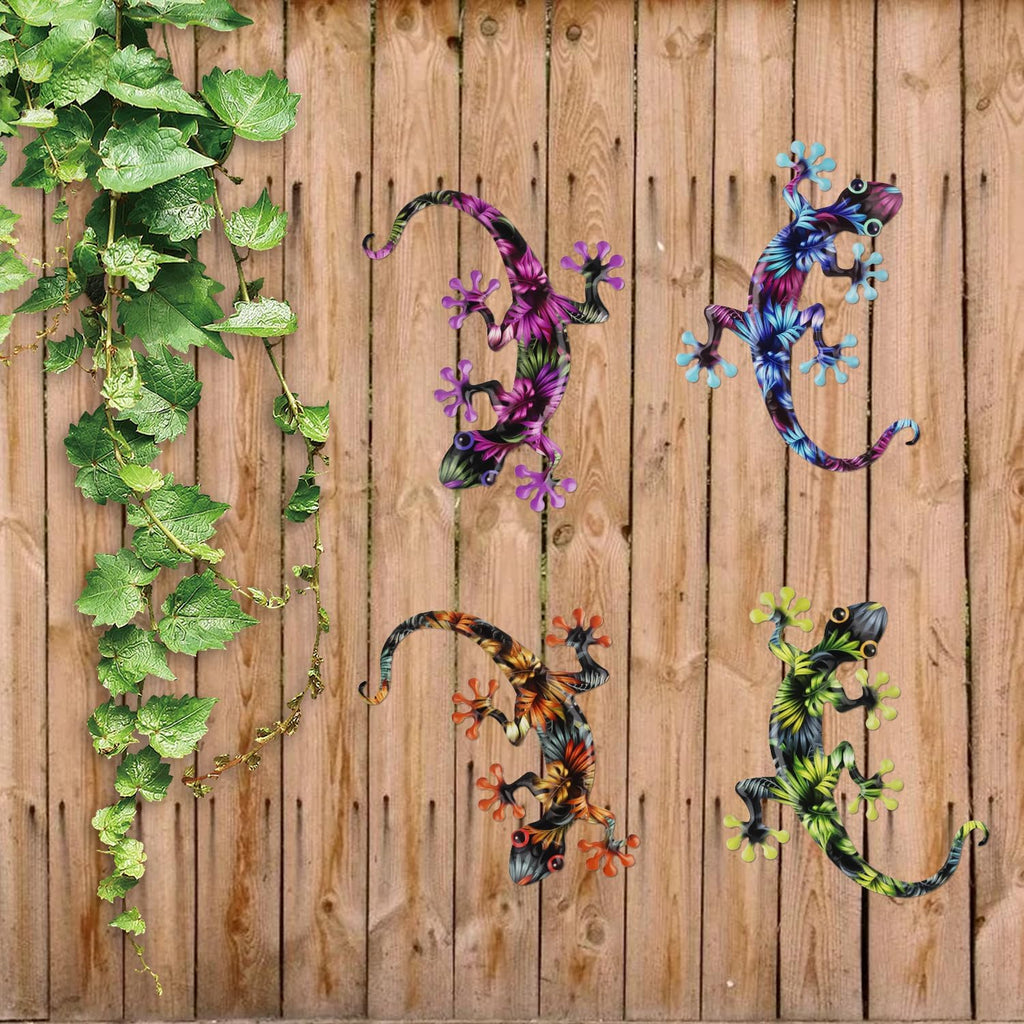 Junware 4 Pcs Metal Gecko Wall Art Outdoor Decor Metal Lizards Wall Decor Lizard 8.7 * 11.8 Inch Suitable for Hanging in Yard Garden Patio Fence Home, Idea Gifts for Mom Father Friends
