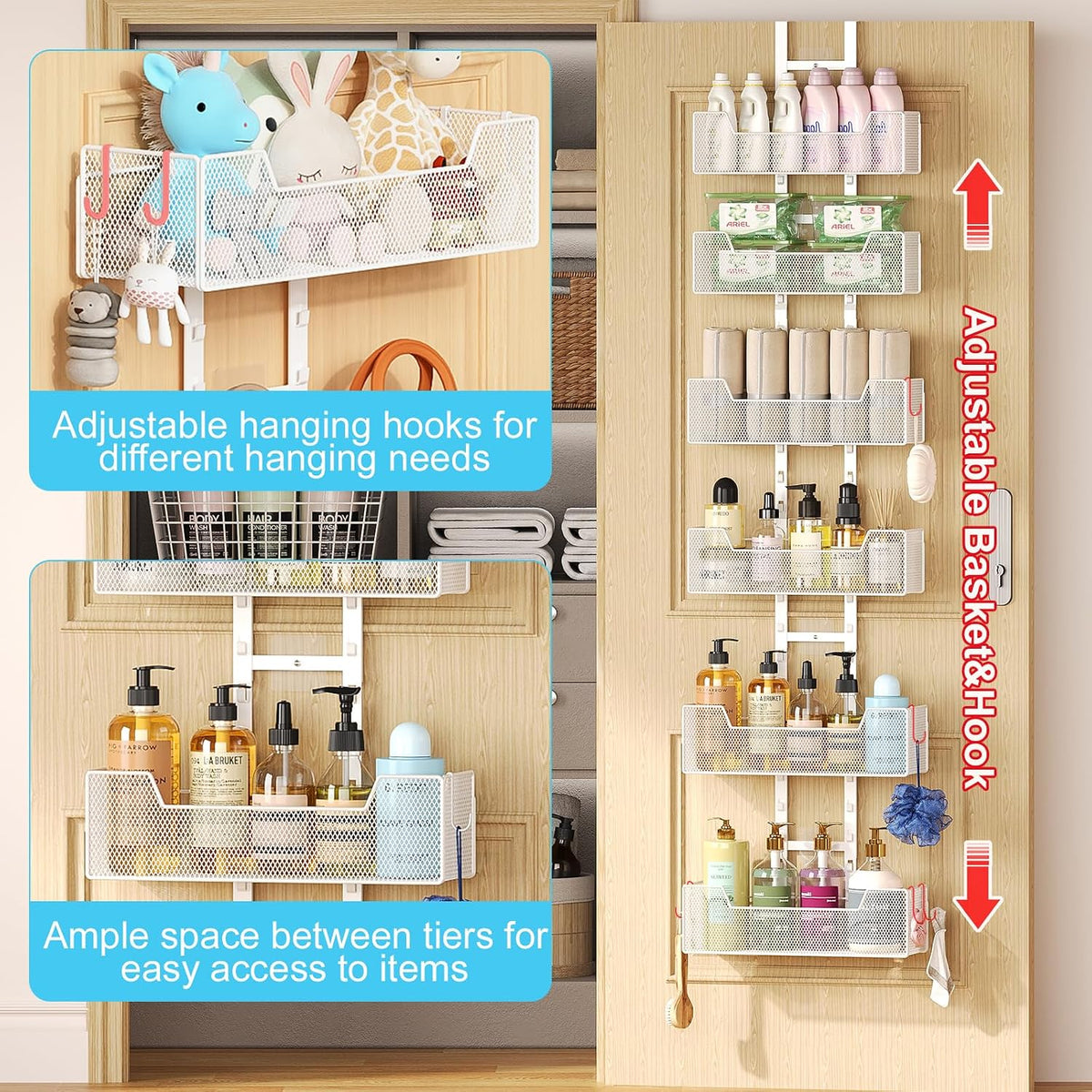 Hongtamoya Over The Door Organizer, Metal Hanging Door Organizer with 6 Adjustable Baskets and 5 Hooks, Behind The Door Storage for Closet Cabinet Kitchen Bathroom Bedroom Pantry Door Organizer, White