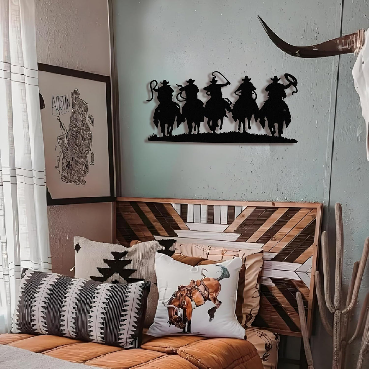 Black Metal Cowboy Wall Art, 3D Western Decor for Living Room, Rustic