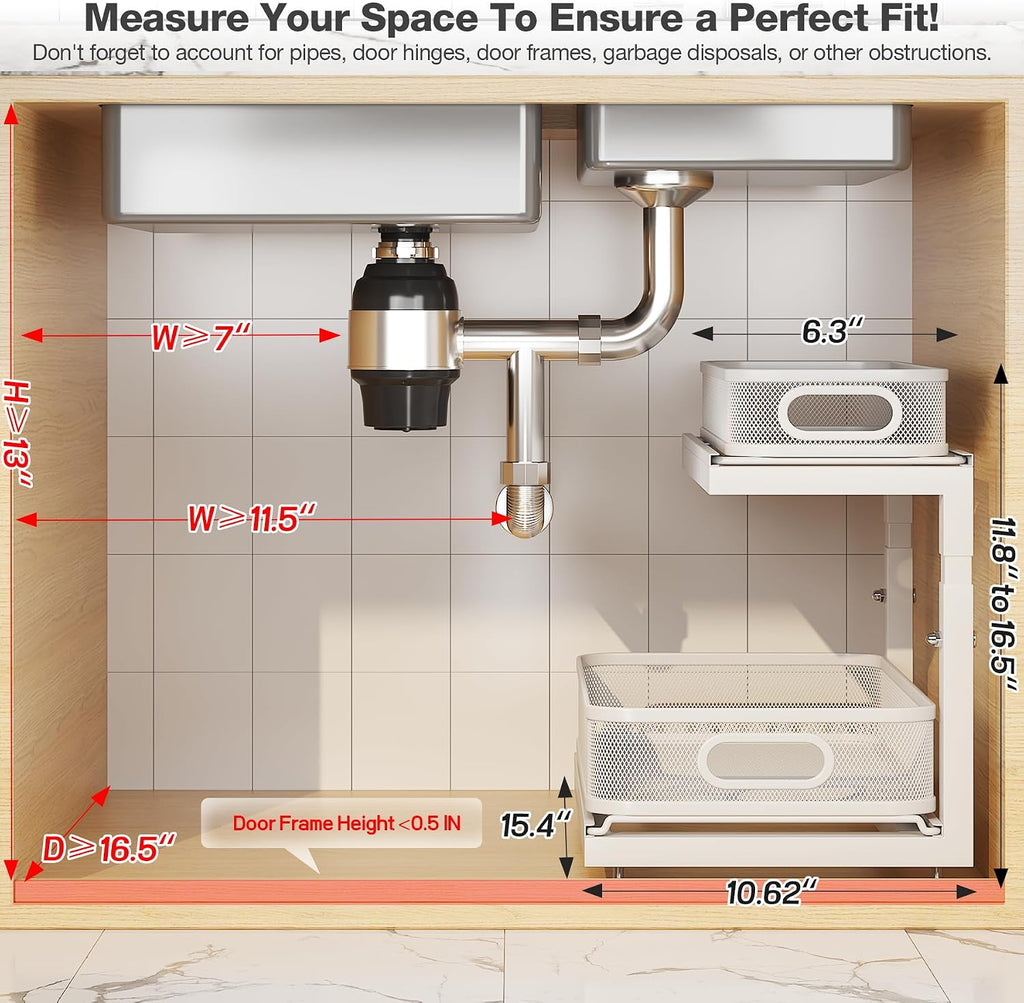 2-Pack Under Sink Storage Organizer with 2-Tier Slide Out Drawer, Sophisticated Mesh Pull Out Shelf for Kitchen & Bathroom, Fits Small Items, Upgraded Arched Track for Smooth Gliding(Patented)