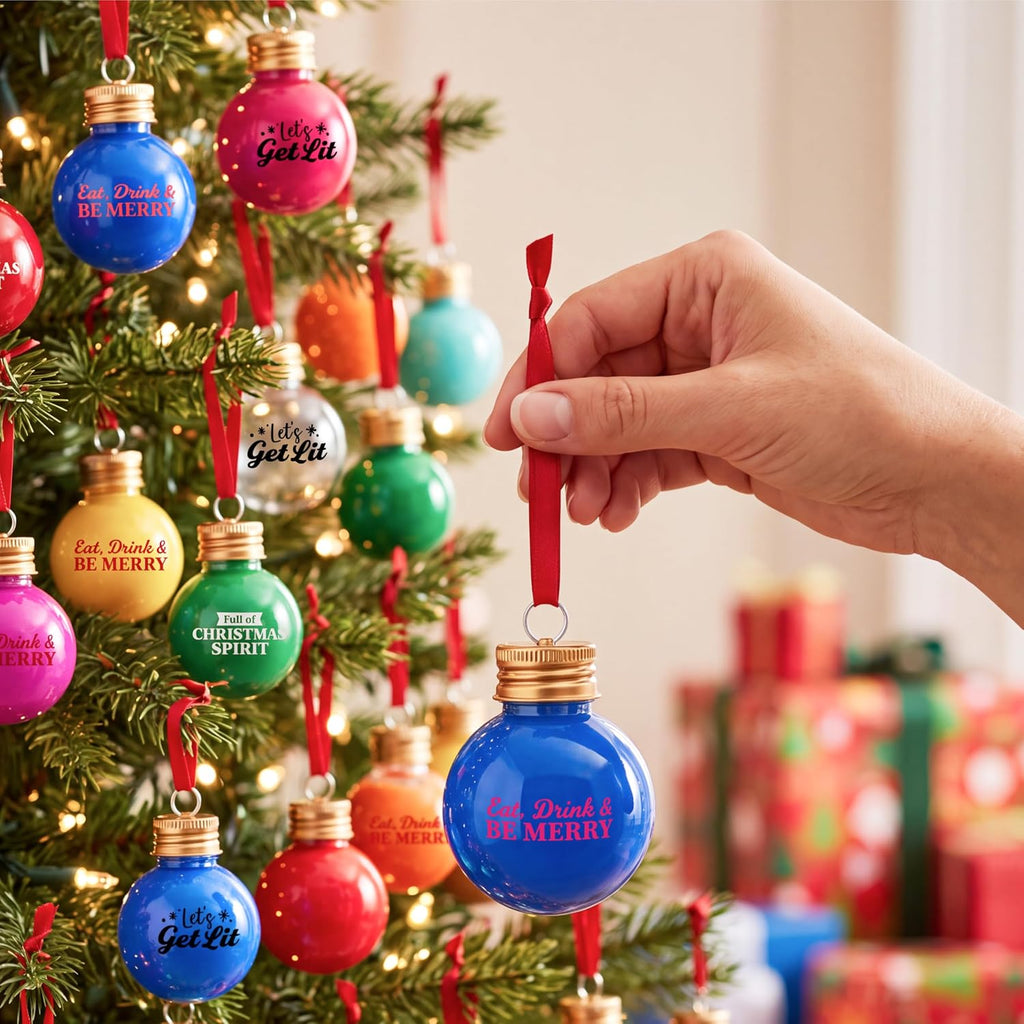 Joiedomi 18 Pcs Mini Christmas Boozeball Ornaments Set, 1.7 oz Clear Plastic Fillable Ball, Ball Ornaments for Christmas Tree Hanging Decorations Indoor, Xmas Party Favors Supplies Presents