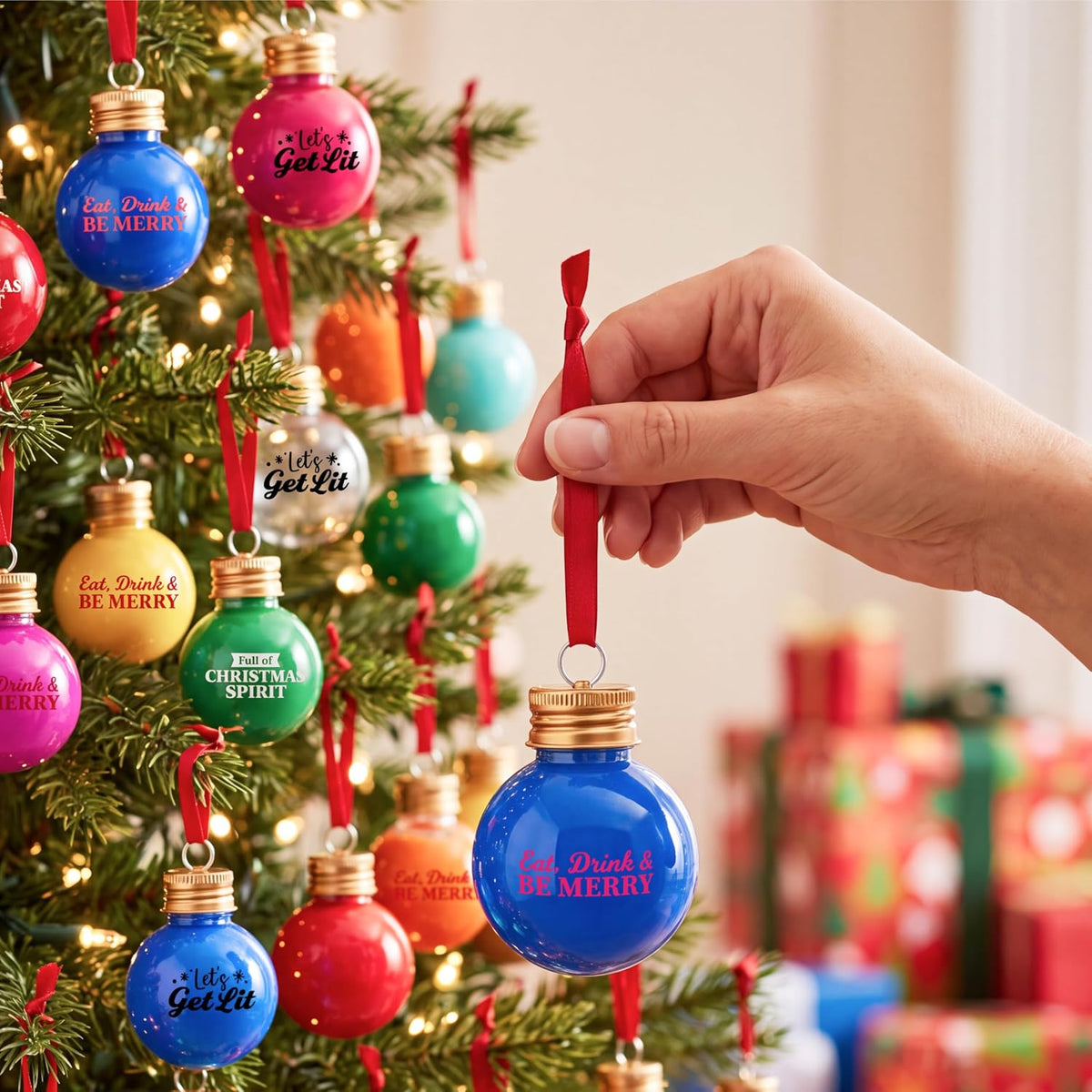 Joiedomi 18 Pcs Mini Christmas Boozeball Ornaments Set, 1.7 oz Clear Plastic Fillable Ball, Ball Ornaments for Christmas Tree Hanging Decorations Indoor, Xmas Party Favors Supplies Presents