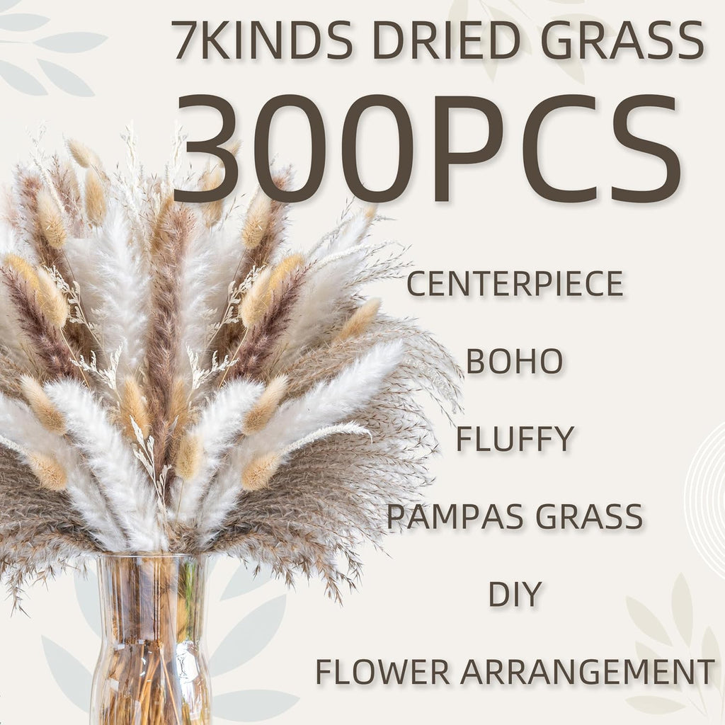 300PCS Natural Pampas Grass Mix Bouquet | Dried Pampas Bouquet for Wedding Boho Flowers Home Table Decor Desk Decor, Rustic Farmhouse Decor (300PCS)