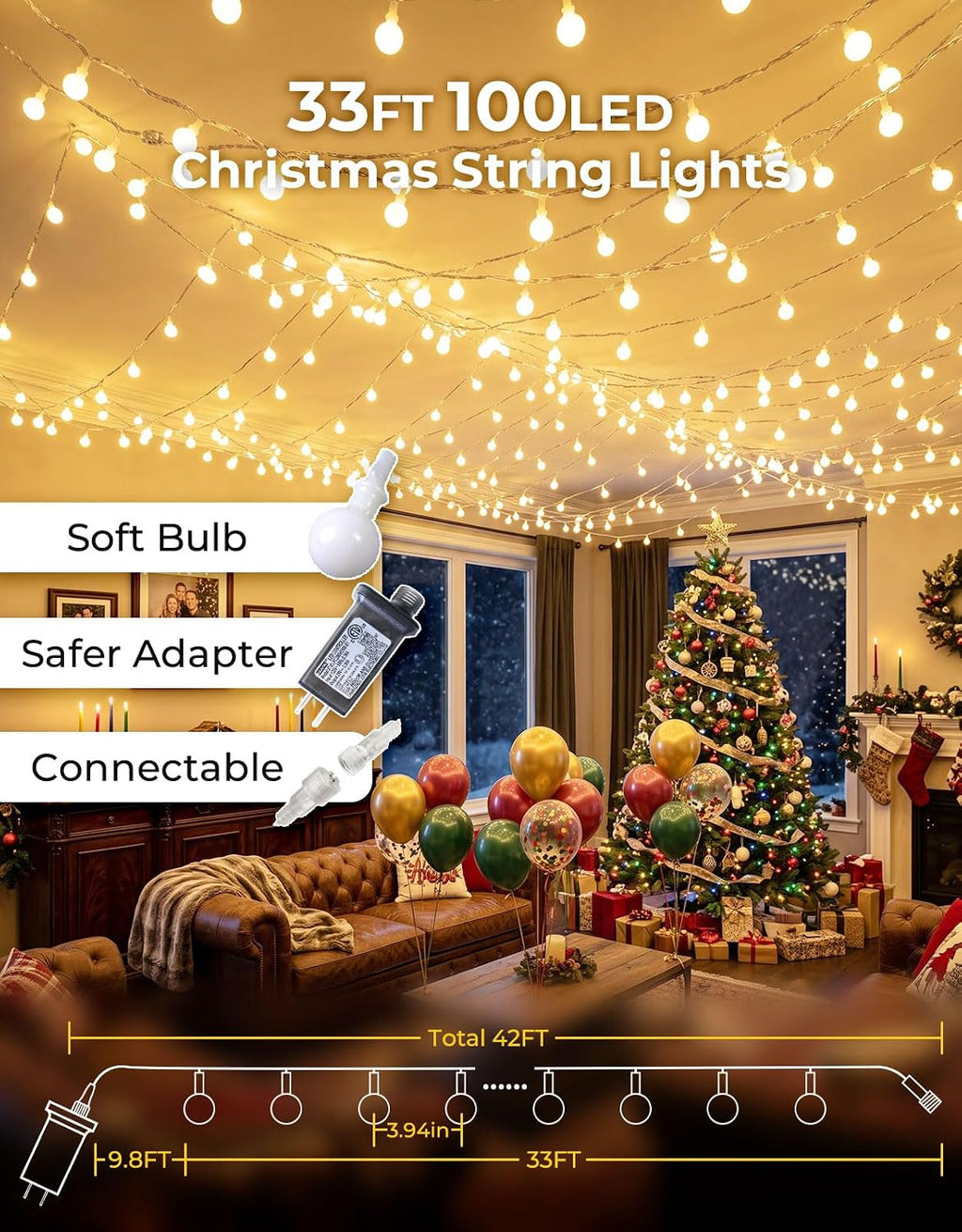 LitHome 33FT Globe String Lights for Indoor Bedroom Connectable, Warm White