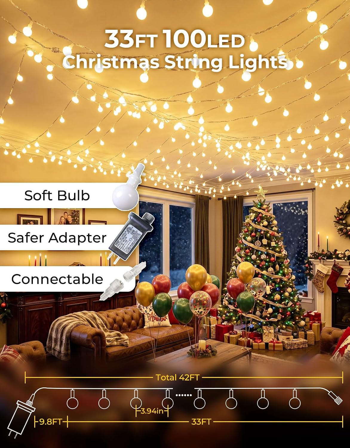 LitHome 33FT Globe String Lights for Indoor Bedroom Connectable, Warm White