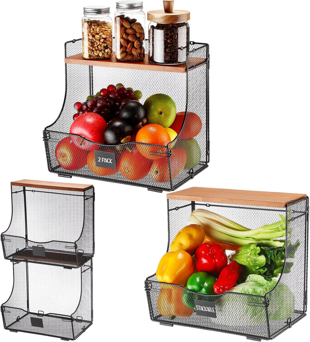 Honeydak 2 Pack Stackable Fruit Basket with Lid and Label Plate, Wall Mounted or Kitchen Countertop Metal Wire Storage for Onion, Potato, Vegetable & Produce Organizer