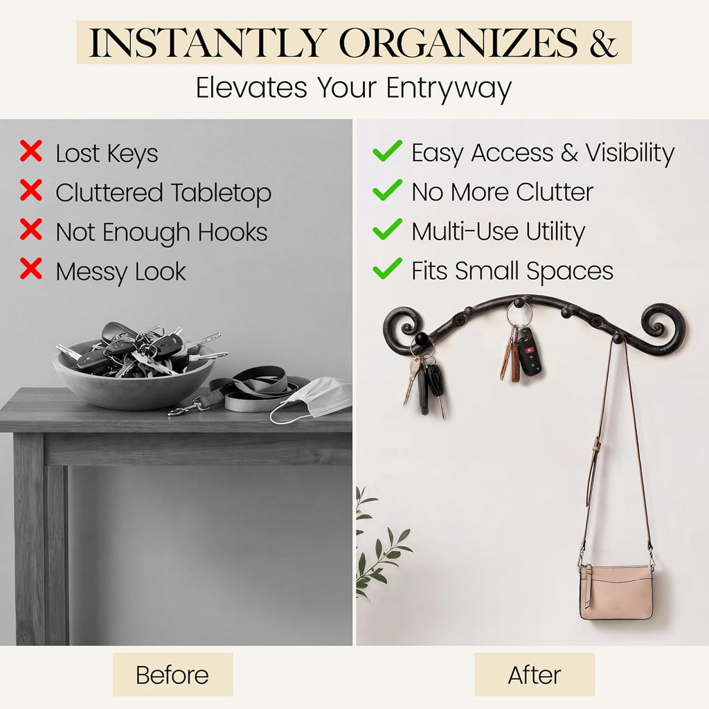 RTZEN Farmhouse Small Key Holder for Wall, Wrought Iron Wall Mount Rack