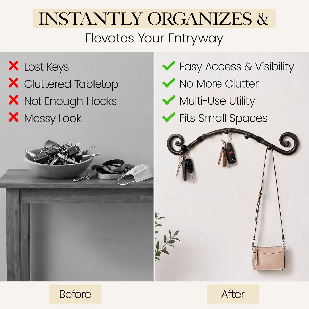 RTZEN Farmhouse Small Key Holder for Wall, Wrought Iron Wall Mount Rack