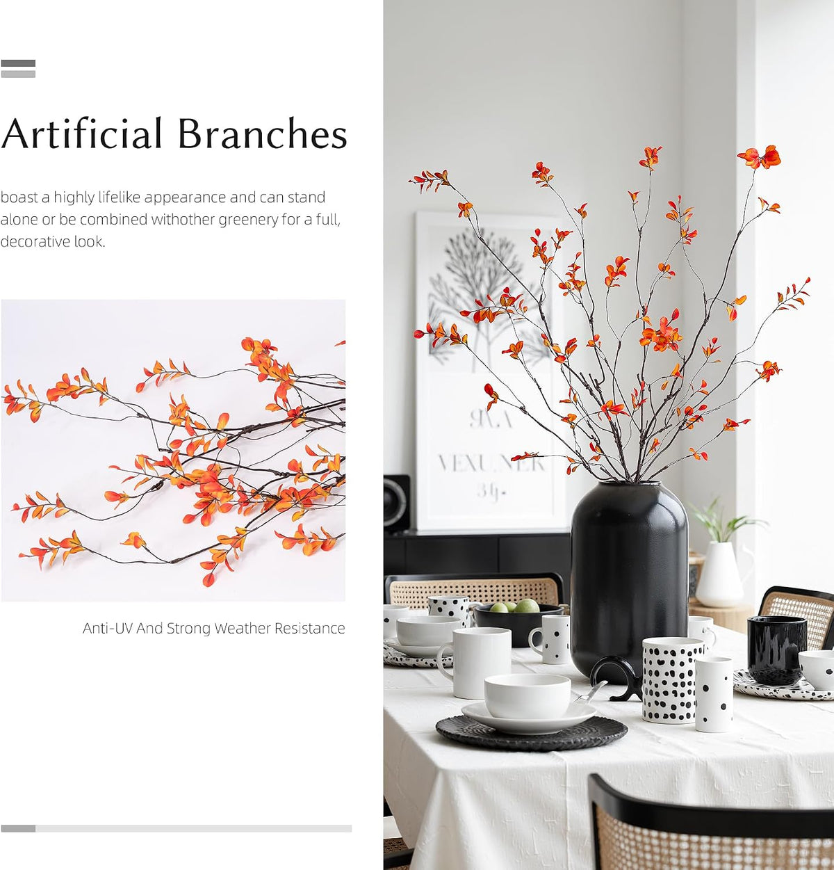 4PCS Artificial Orange Branches 47.2", Extra Long Faux Fall Stems for Tall Vase, Decorative Autumn Branches with Orange Leaves, Bendable Stems for Floor Vase Fall Home Decor