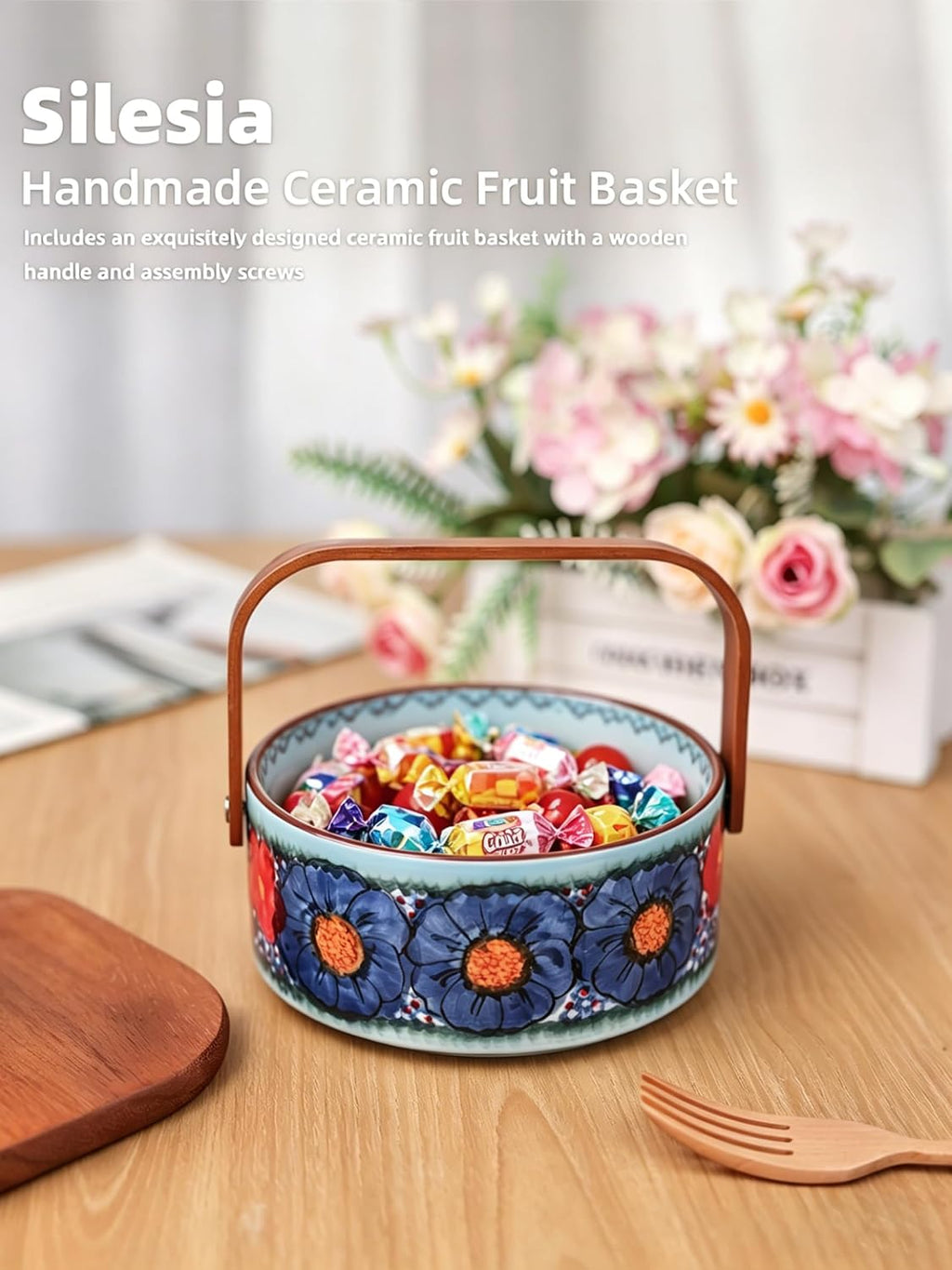 Handmade Fruit Berry Basket, Candy Bowl with Handle, 20 oz (Glazed Blue)