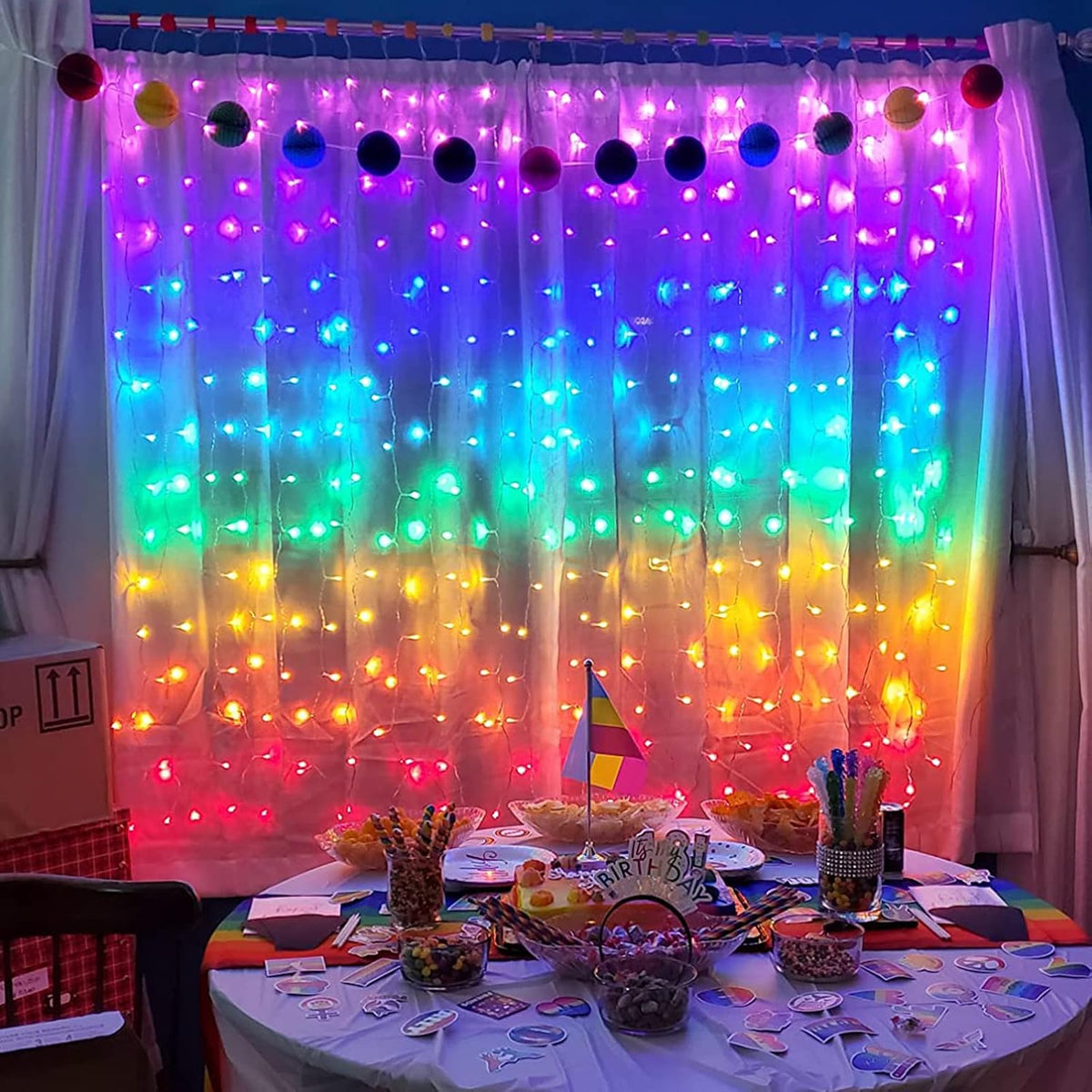 Honche 300Led Cuttable Curtain String Lights 10x10ft with Remote Window Lights for Bedroom Wedding Party Festive Season Propose Marriage WindowChristmas Decoration(Rainbow 7 Colors)