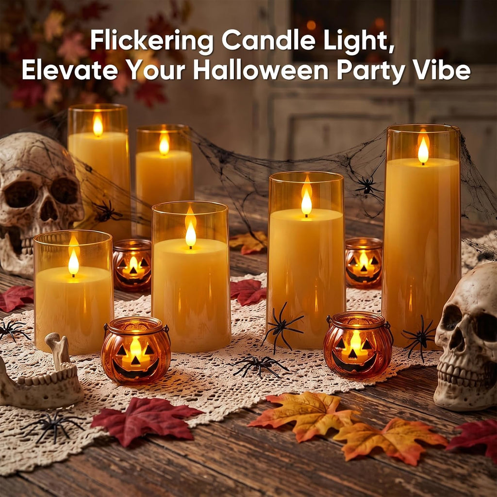 Raycare Amber Battery Operated Candles Flameless Candles with Timer and Remote 3" x 4" 5" 6" 8" 8", 5 Pcs Acrylic Flickering LED Pillar Candles Romantic Ambiance and Home Decoration