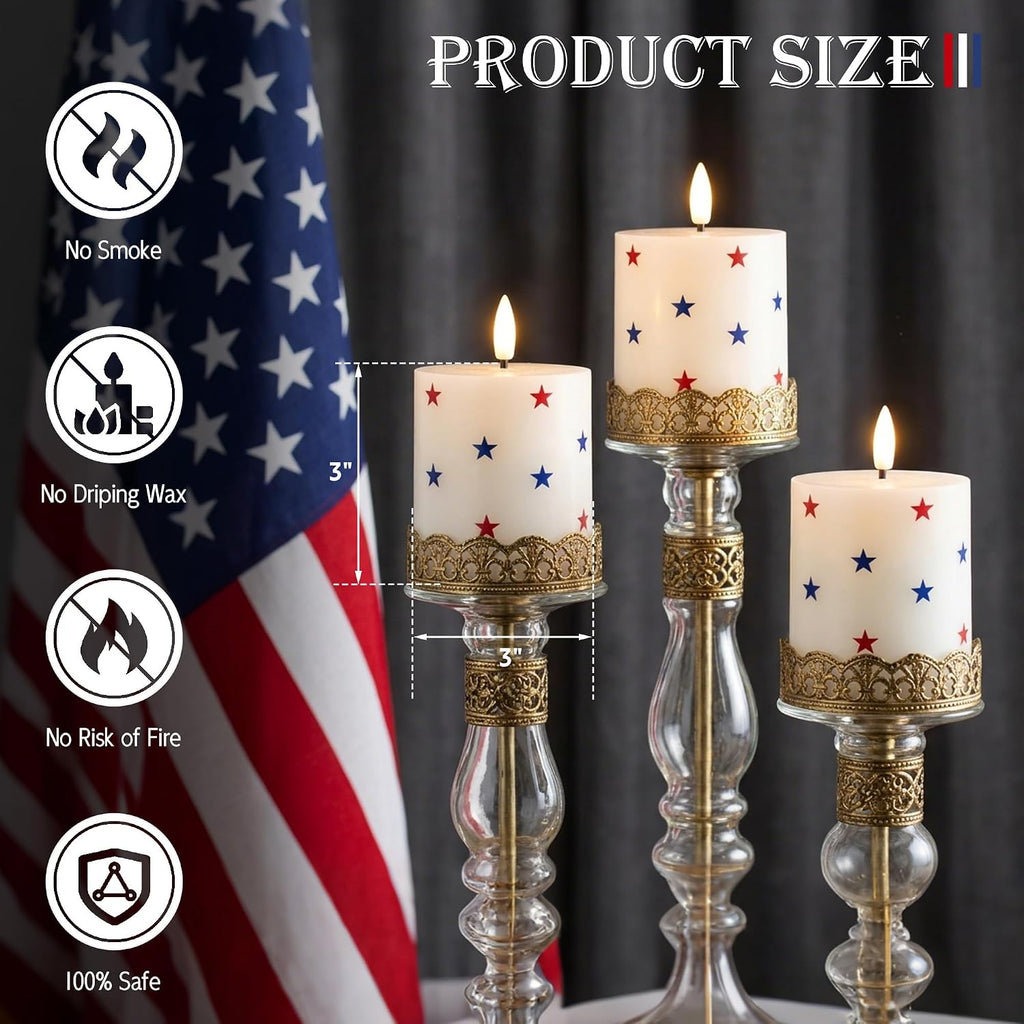 4th of July Flameless Pillar Candles with Red White and Blue Star Stickers, 250th Anniversary Patriotic Battery Operated LED Pillar Candles with Remote and Timer, Real Wax Candle Set of 3