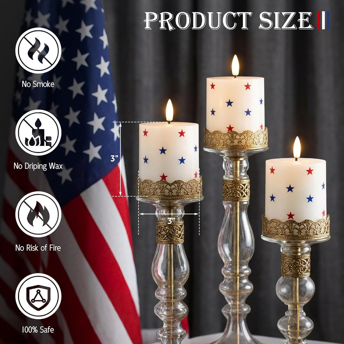 4th of July Flameless Pillar Candles with Red White and Blue Star Stickers, 250th Anniversary Patriotic Battery Operated LED Pillar Candles with Remote and Timer, Real Wax Candle Set of 3
