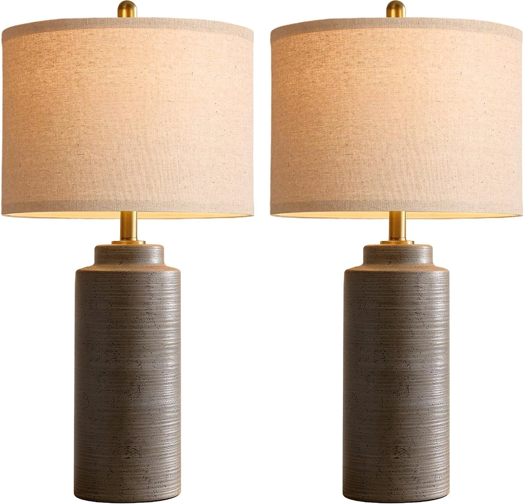 PARTPHONER 27" Vintage Ceramic Table Lamp Set of 2, Rustic Farmhouse Bedside Lamps with Ribbed Textured Finish, Greyish Brown Earth Tone Nightstand Lamps for Living Room Bedroom End Tables Home Decor