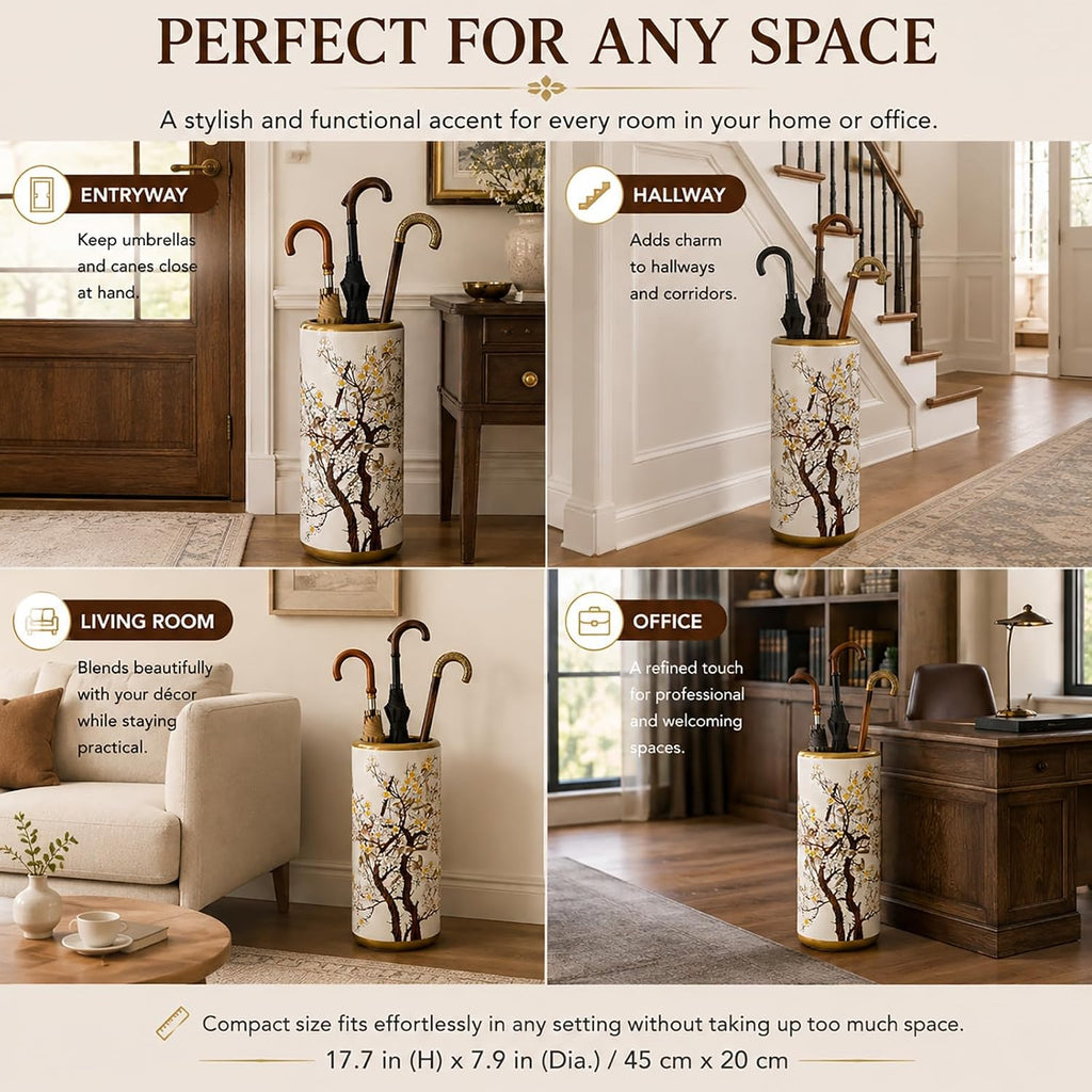 Ceramic Umbrella Stand for Entryway, Decorative Indoor Umbrella Holder with Gold Rim, Floor Vase Cane & Walking Stick Holder for Foyer Hallway Home Decor(Plum Blossom)