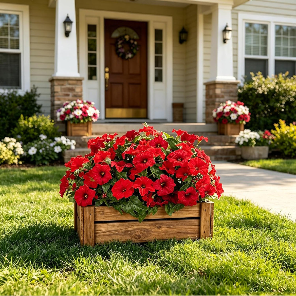 Artificial Flowers for Outdoors, Faux Petunias Spring Summer Decoration, Fake Flowers Plants UV Resistant Look Real Silk Flowers for Outside Planter Front Door Porch Patio Yard (Red)