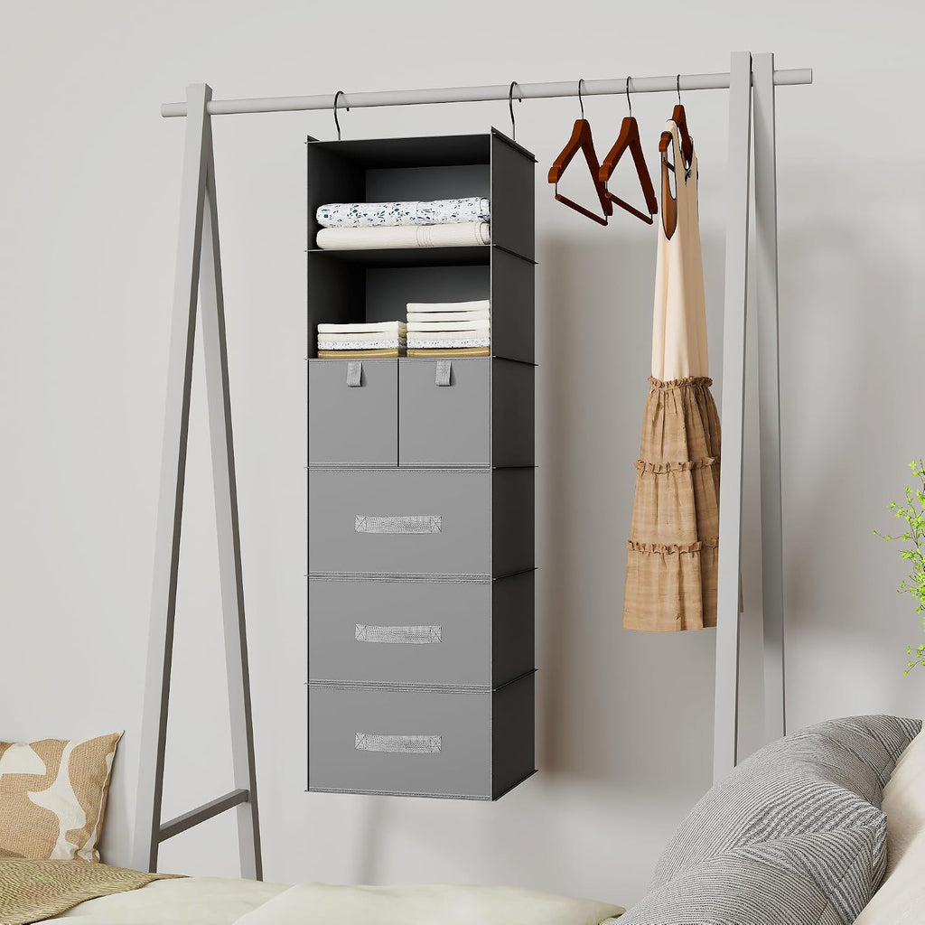 6-Shelf Hanging Closet Organizer with 5 Drawers, Non-Woven Storage, Gray