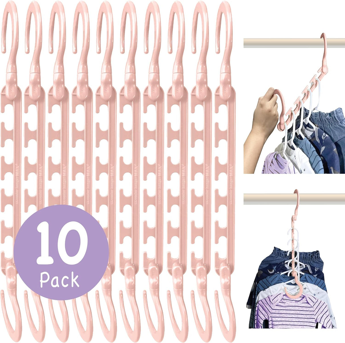 Wonder Hanger Max Space Saving Hangers, 10-Pack, 360° Hooks, Pastel Pink