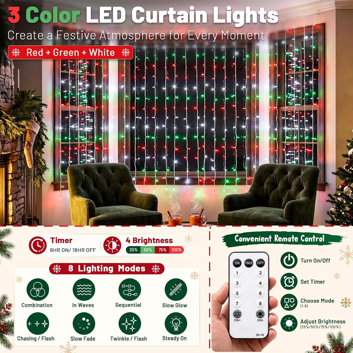 suddus 300LED Red White and Green Christmas Curtain Lights