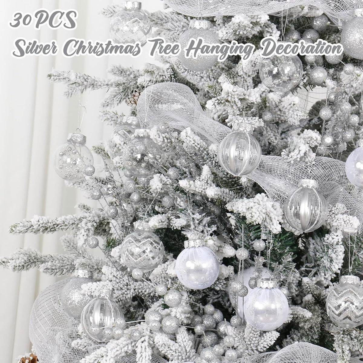 30PCS Silver Clear Christmas Ball Ornaments Set for Xmas Tree Decorations