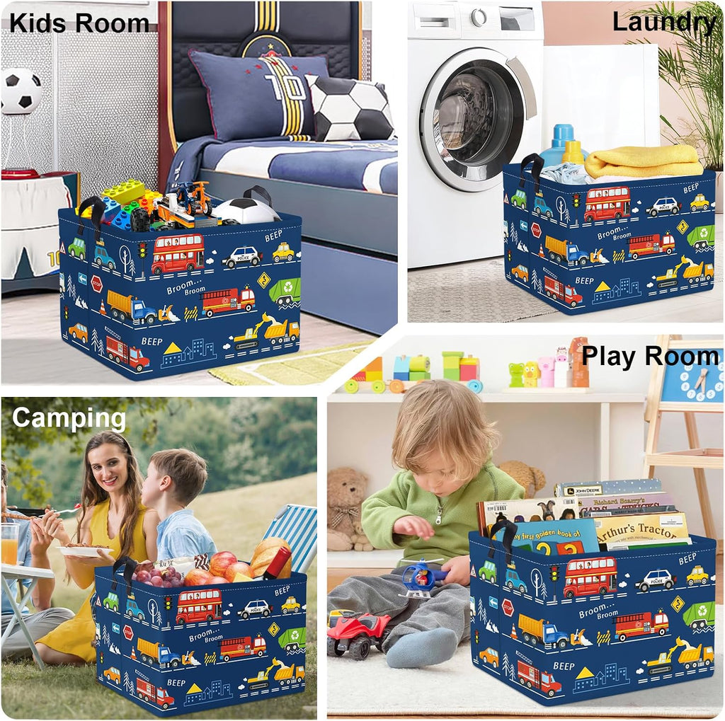 Cars Laundry Hamper Cartoon Vehicle Large Storage Basket Collapsible Parents Organizer Boy Toy Clothes Bins for Bedroom, Bathroom, City Bus, 36L