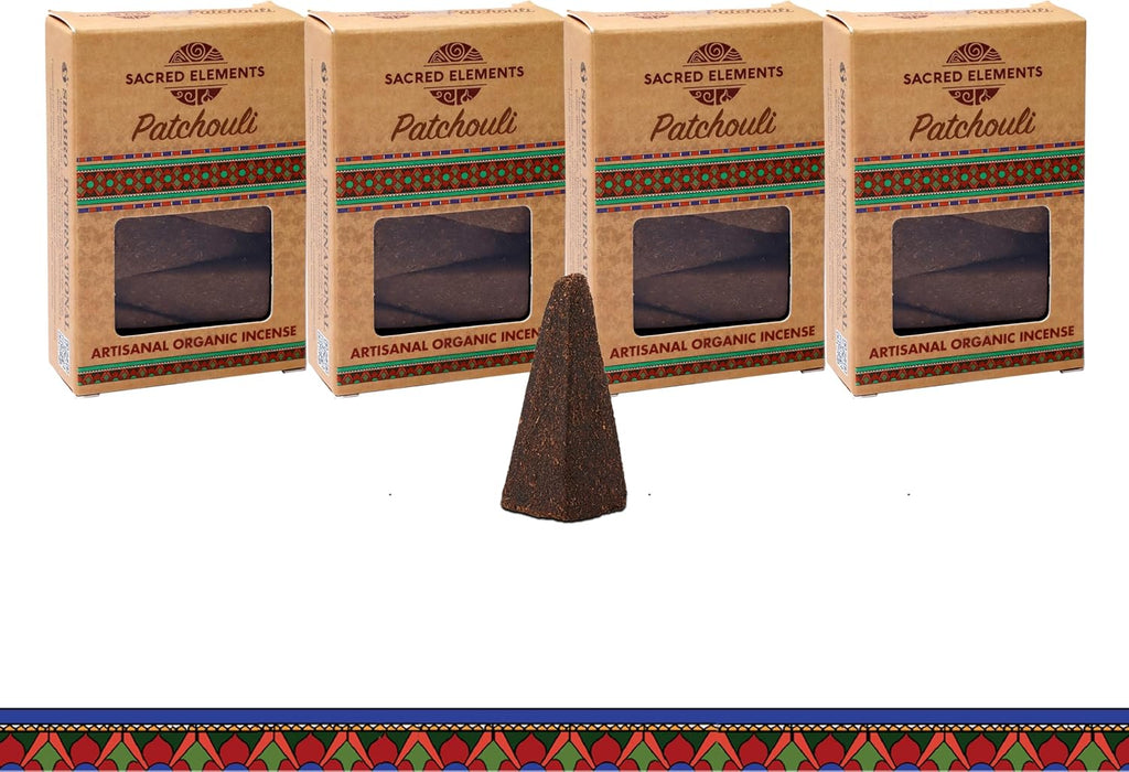 Sacred Elements Organic Incense Cones – Patchouli Scent (Pack of 4) | Natural Aromatherapy for Relaxation & Mood Balance | Handcrafted, Low Smoke, Long-Lasting Fragrance for Home Use