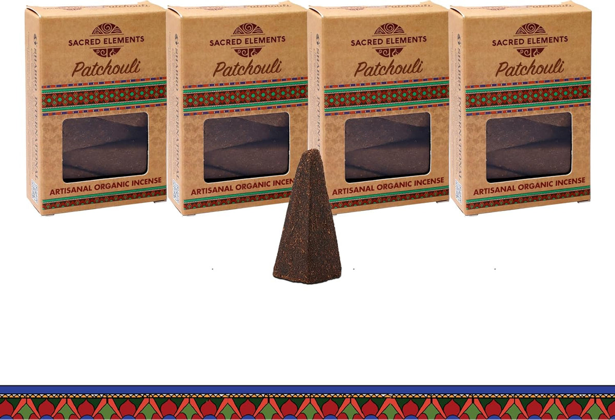 Sacred Elements Organic Incense Cones – Patchouli Scent (Pack of 4) | Natural Aromatherapy for Relaxation & Mood Balance | Handcrafted, Low Smoke, Long-Lasting Fragrance for Home Use