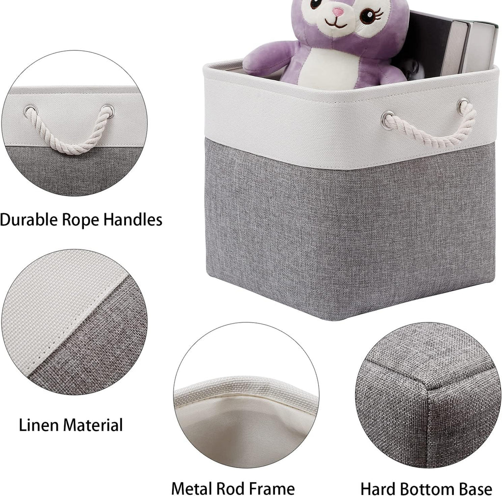 Fabric Storage Cubes 13 x 13, Collapsible Storage Bins for Shelf Baskets, Cube Storage Organizer White Gray Bins with Cotton Handles, Foldable Storage Bin box, Cube Storage Bin 6 Pack