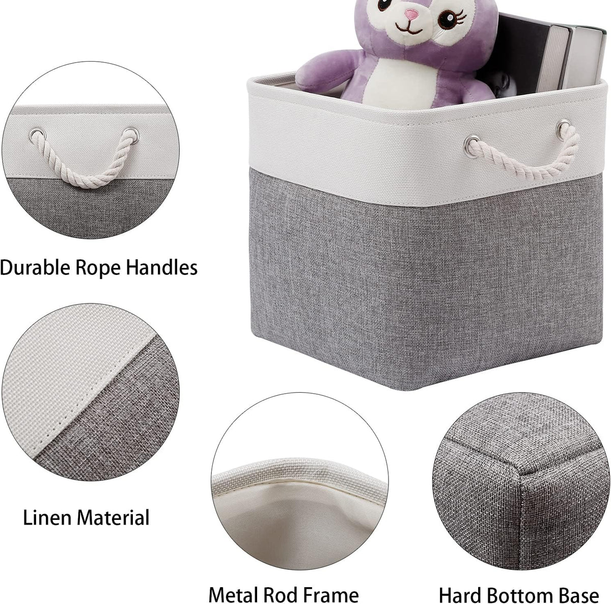Fabric Storage Cubes 13 x 13, Collapsible Storage Bins for Shelf Baskets, Cube Storage Organizer White Gray Bins with Cotton Handles, Foldable Storage Bin box, Cube Storage Bin 6 Pack