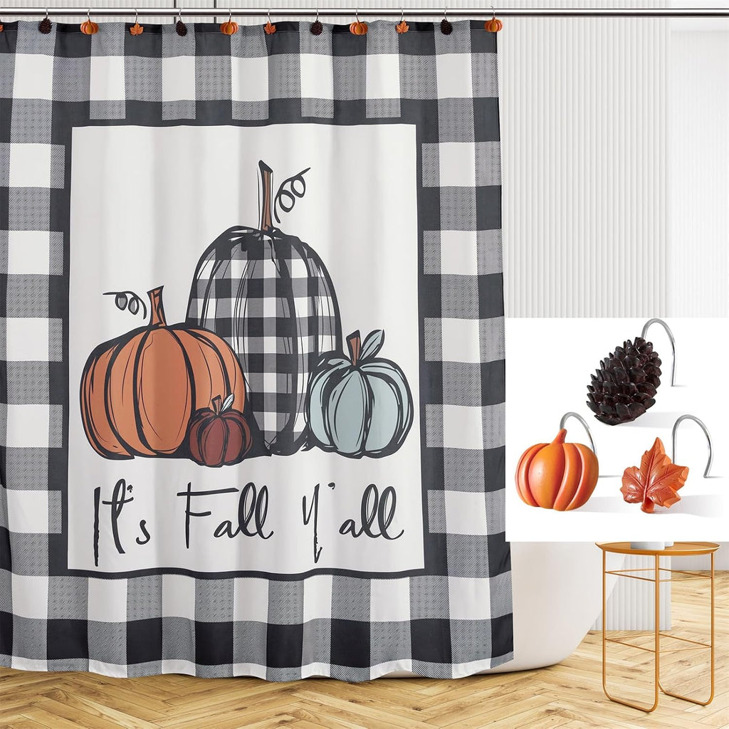 Estmy 12PCS Fall Autumn Shower Curtain Hooks Rings Fall Bathroom Decor Accessories Metal Rustproof Maple Leaf Pumpkins Pinecone Fall Leaves Thanksgiving Decorative Shower Hooks Rings for Curtains