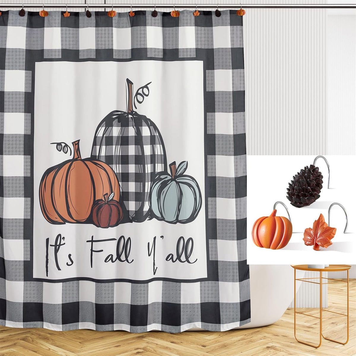 Estmy 12PCS Fall Autumn Shower Curtain Hooks Rings Fall Bathroom Decor Accessories Metal Rustproof Maple Leaf Pumpkins Pinecone Fall Leaves Thanksgiving Decorative Shower Hooks Rings for Curtains