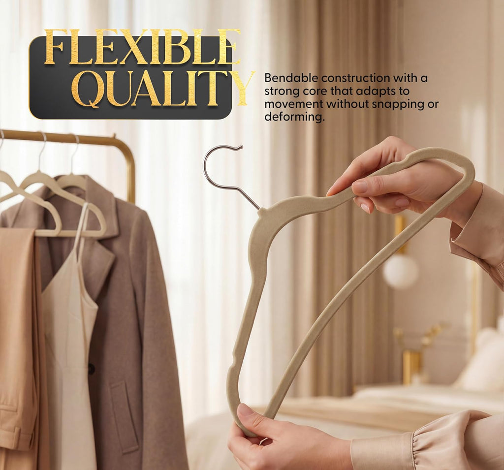 Beddora Velvet Hangers 50-Pack,Beige Non-Slip Slim Space-Saving Closet Organizer, Suit & Coat Hangers, Heavy-Duty, 360° Swivel Hook